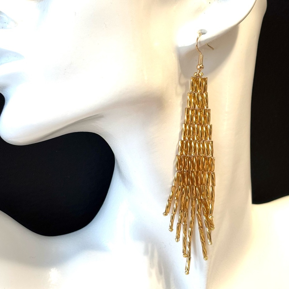 Hand Crafted Gold Fringe Dangle Earrings - Picture 3 of 7